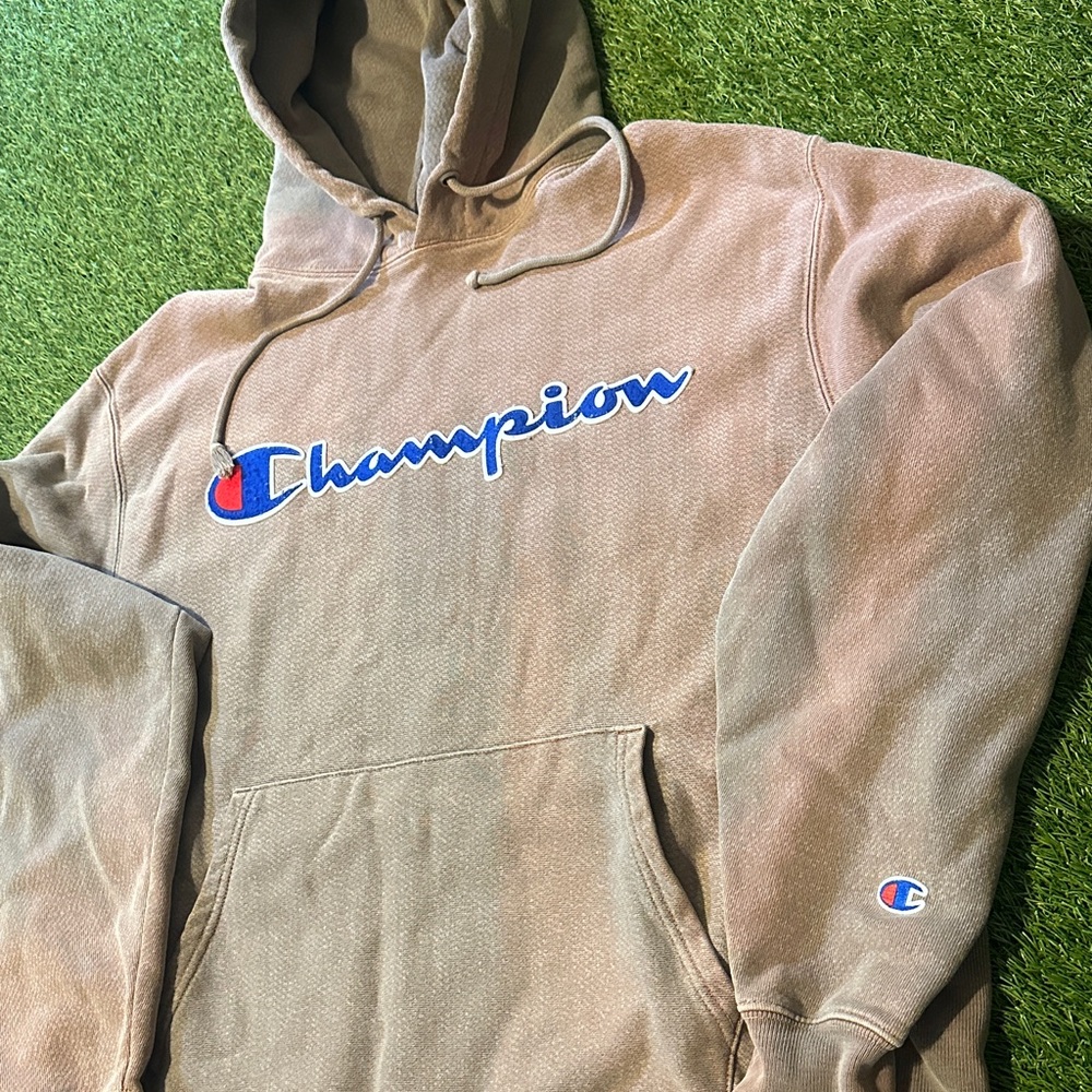 Rare Vintage Champion Camo Tie Dye Fade Stonewash Oversize Hoodie with Blue Logo